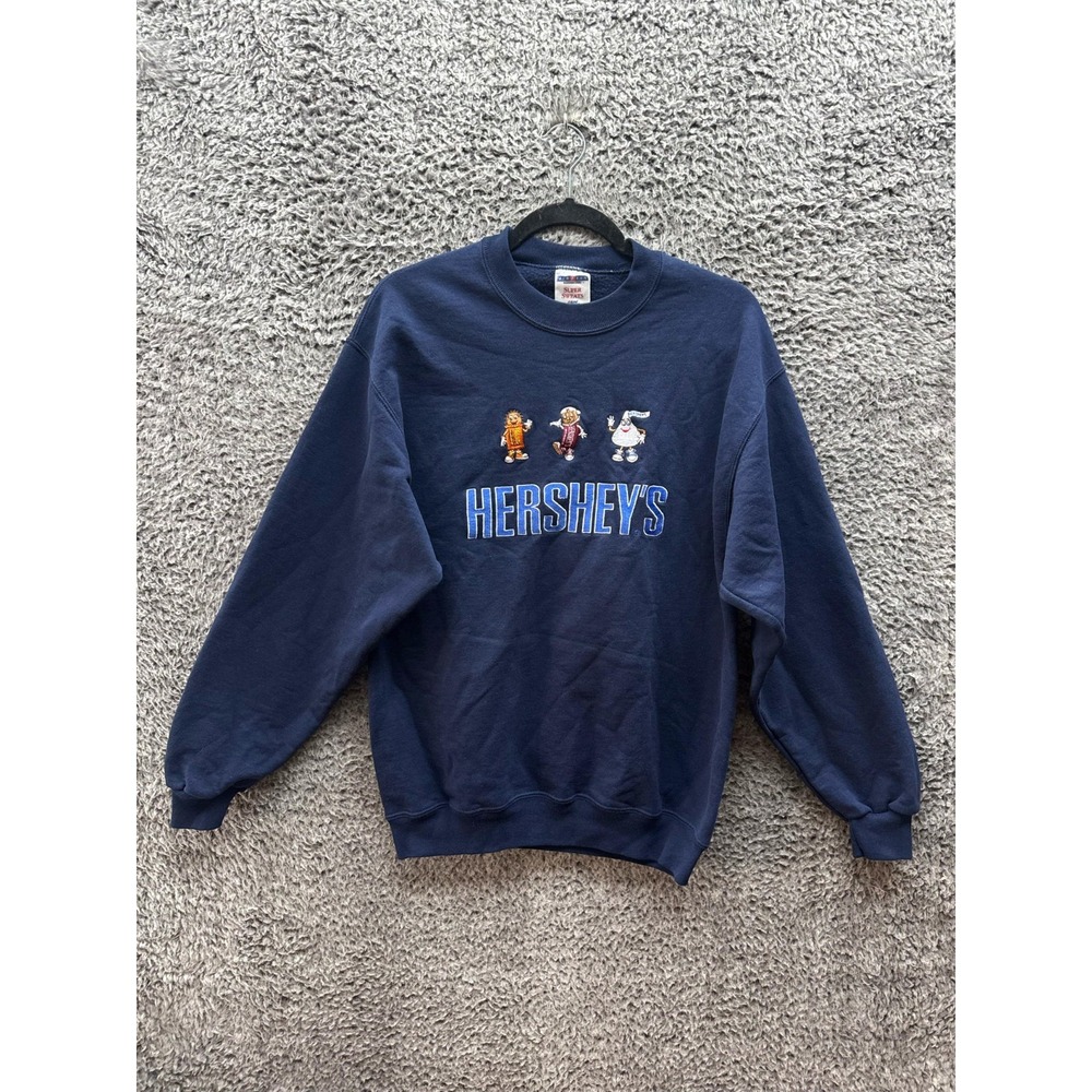 Vintage Jerzees Hershey's Embroidered Crew Neck Sweater Navy Blue Mens Size M